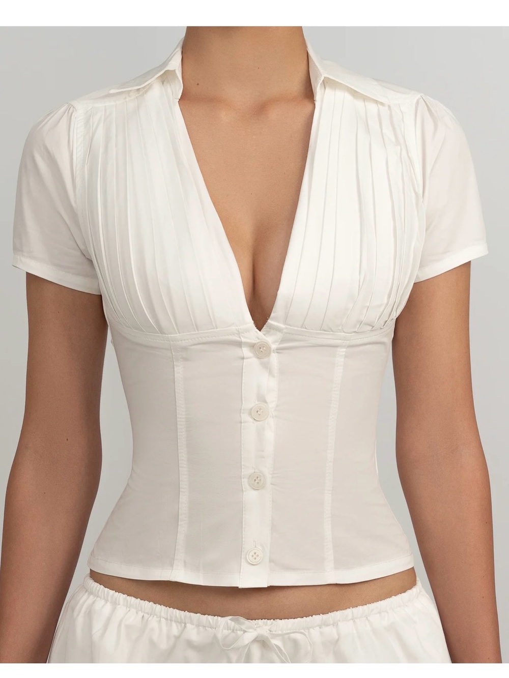 Fenity Fashion White Pleated Button-Front Top
